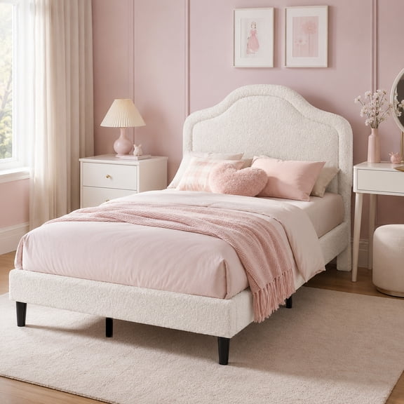 Patbrela Twin Size Bed Frame, Teddy Fleece Upholstered Bed Frame with Adjustable Headboard & Built-in LED Light, Noise-Reduced Design, Durable Wood Slat Support, No Box Spring Needed