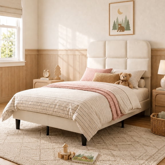Patbrela Twin Size Upholstered Bed Frame with Adjustable Headboard, Wood Platform Bed Frame, No Box Spring Needed, Easy Assembly, Beige