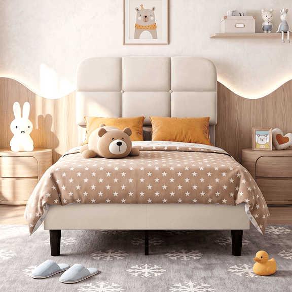 Patbrela Upholstered Bed Frame, Twin Size Bed Frame with Soft Cloud Headboard, Beige Velvet