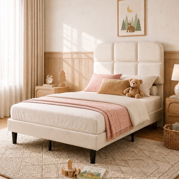 Patbrela Twin Size Upholstered Bed Frame with Adjustable Headboard, Wood Platform Bed Frame, No Box Spring Needed, Easy Assembly, Beige