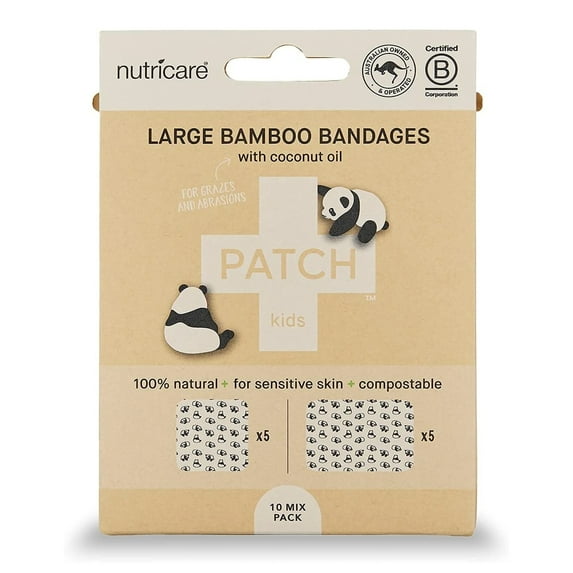 PATCH Kids Bamboo Bandages with Coconut Oil - Pandas, 2 x 3 in, 3 x 3 in, 10 Count, 5 Packs, 50 Total