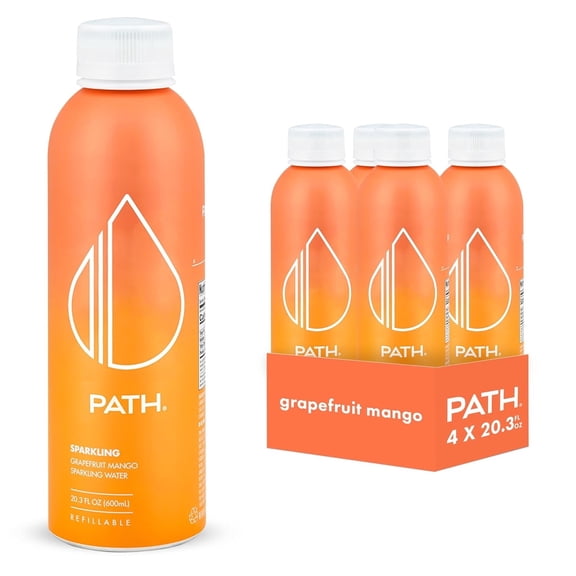 PATH Water Ultra-Purified Sparkling Grapefruit Mango Flavored Water, 20 fl oz, 4 pack Aluminum Bottles