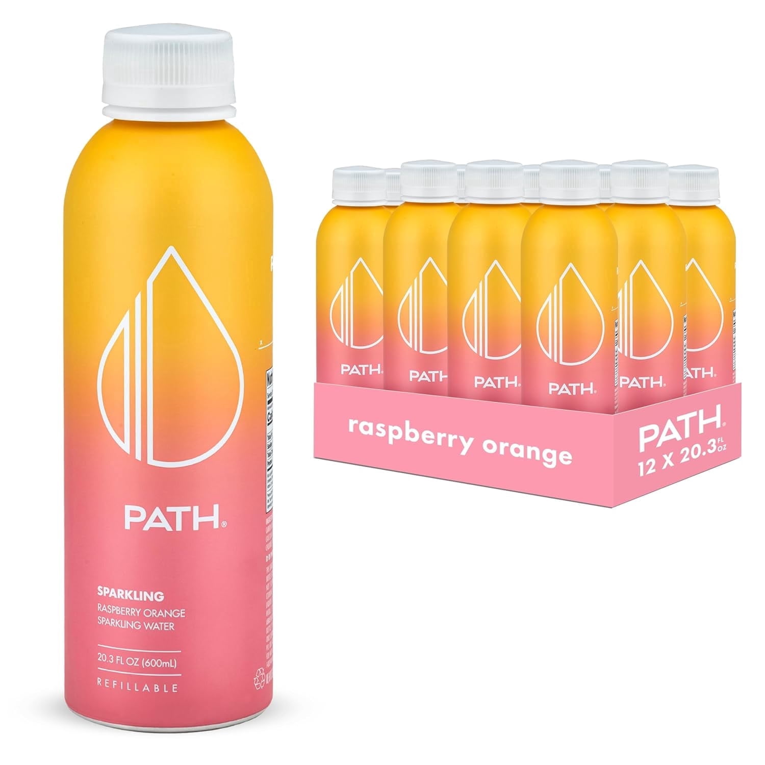 PATH Water Ultra-Purified Sparkling Raspberry Orange Flavored Water, 20 fl oz, 12 pack Aluminum Bottles