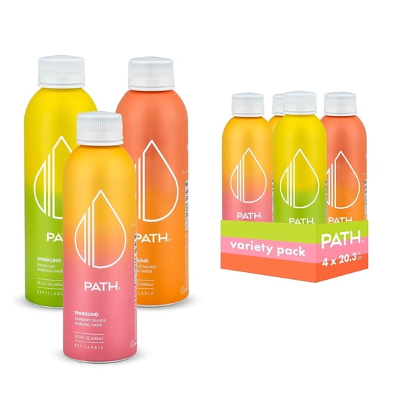 PATH Water Ultra-Purified Sparkling Flavored Water, 20 fl oz, 4 pack Aluminum Bottles, Variety Pack