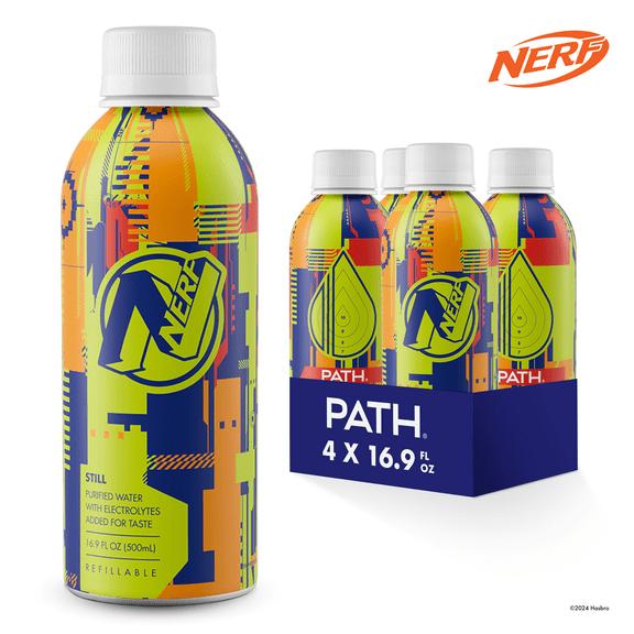 PATH Water Ultra-Purified Still Water, 16.9 fl oz, 4 pack Aluminum Bottles, Limited Edition NERF
