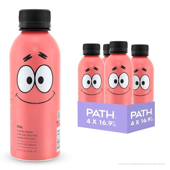 PATH Water Ultra-Purified Still Water, 16.9 fl oz, 4 pack Aluminum Bottles, Limited Edition Patrick Star