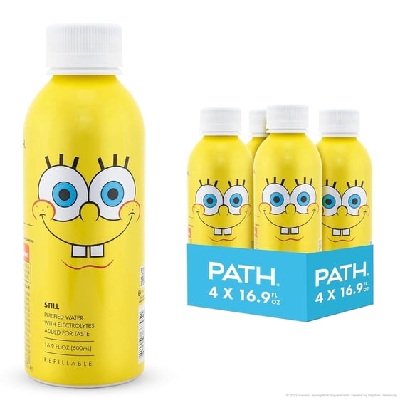 PATH Water Ultra-Purified Still Water, 16.9 fl oz, 4 Pack Aluminum Bottles, Limited Edition Spongebob Squarepants
