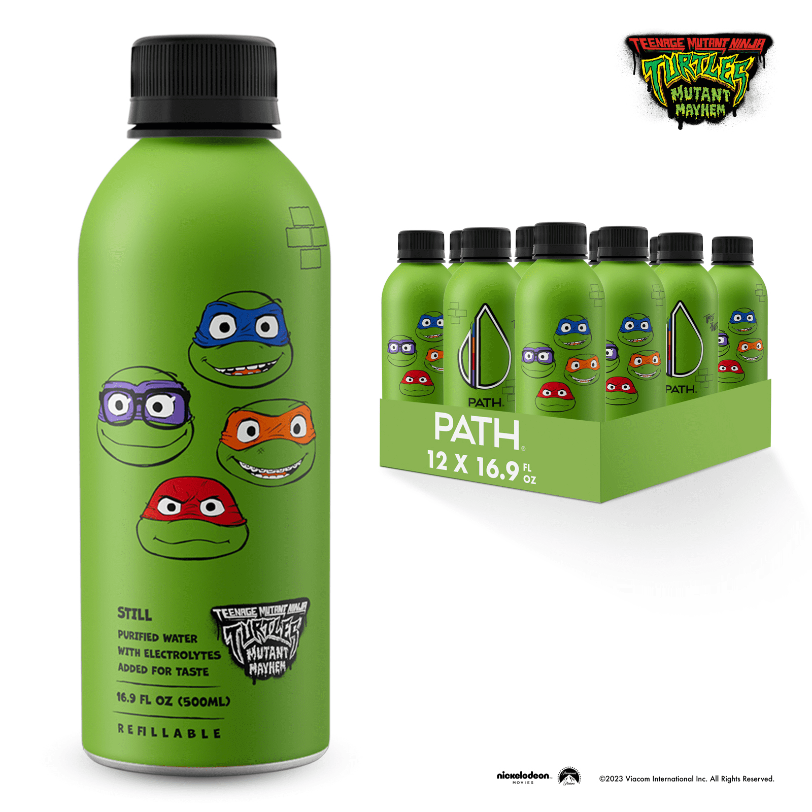 PATH Water Ultra-Purified Still Water, 16.9 fl oz, 12 pack Aluminum Bottles, Limited Edition Green Teenage Mutant Ninja Turtles