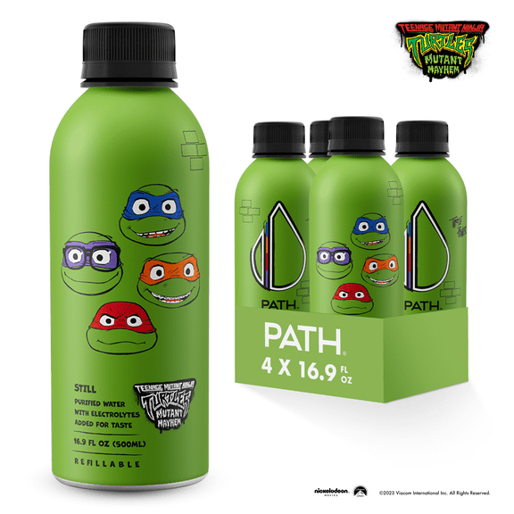 PATH Water Ultra-Purified Still Water, 16.9 fl oz, 4 pack Aluminum Bottles, Limited Edition Green Teenage Mutant Ninja Turtles