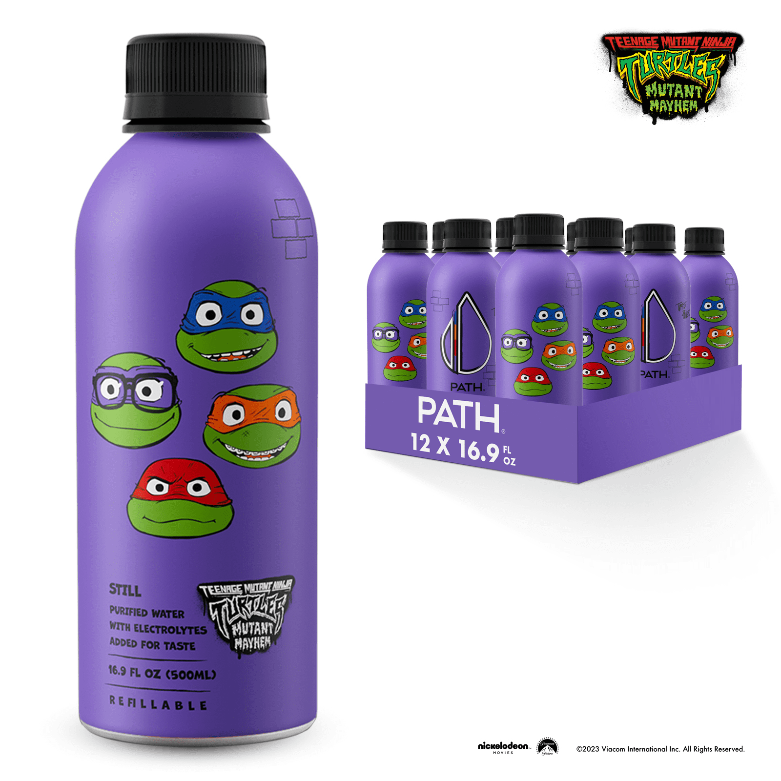 PATH Water Ultra-Purified Still Water, 16.9 fl oz, 12 pack Aluminum Bottles, Limited Edition Purple Teenage Mutant Ninja Turtles