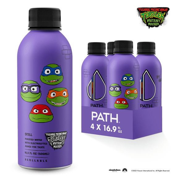 PATH Water Ultra-Purified Still Water, 16.9 fl oz, 4 pack Aluminum Bottles, Limited Edition Purple Teenage Mutant Ninja Turtles