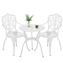 PATIO-IN Outdoor Bistro Set  3 Piece Cast Aluminum Bistro Sets,All Weather Bistro Table and Chairs Set of 2 with Umbrella Hole for Garden,White
