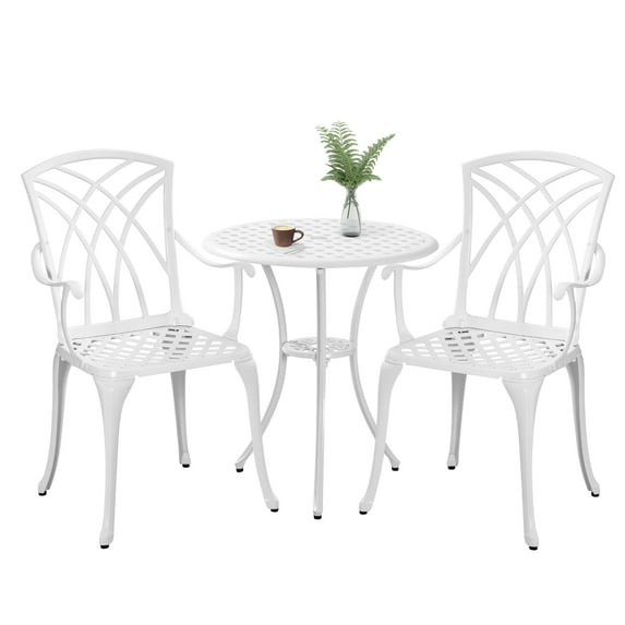 PATIO-IN 3 Piece Patio Set Outdoor Cast Aluminum Bistro Table and Chairs Set of 2 with 1.97"Umbrella Hole for Garden,White