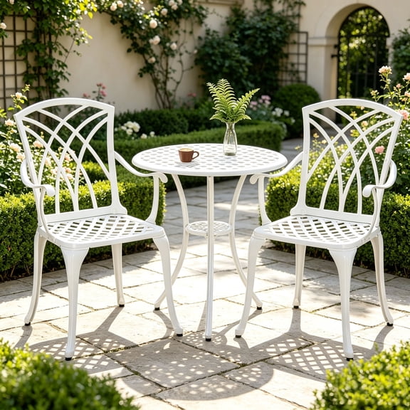 PATIO-IN 3 Piece Patio Set Outdoor Cast Aluminum Bistro Table and Chairs Set of 2 with 1.97"Umbrella Hole for GardenWhite