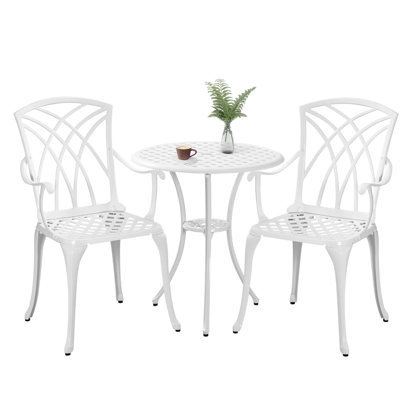 PATIOIN 3pc Outdoor Patio Furniture Cast Aluminum Bistro Set w/ Umbrella Hole for Porch, Deck