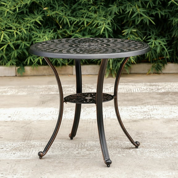 PATIO-IN 31.5" Cast Aluminum Round Outdoor Bistro Table with 2.2" Umbrella Hole, Bronze