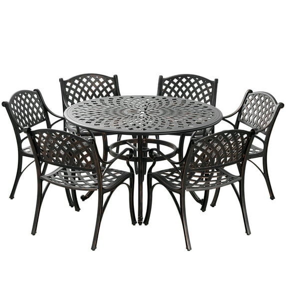 PATIO-IN 7 Pieces Patio Dining Set Outdoor 48"Bistro Table and Chairs Set for 6 Person,Cast Aluminum Patio Furniture Set for Garden,Bronze