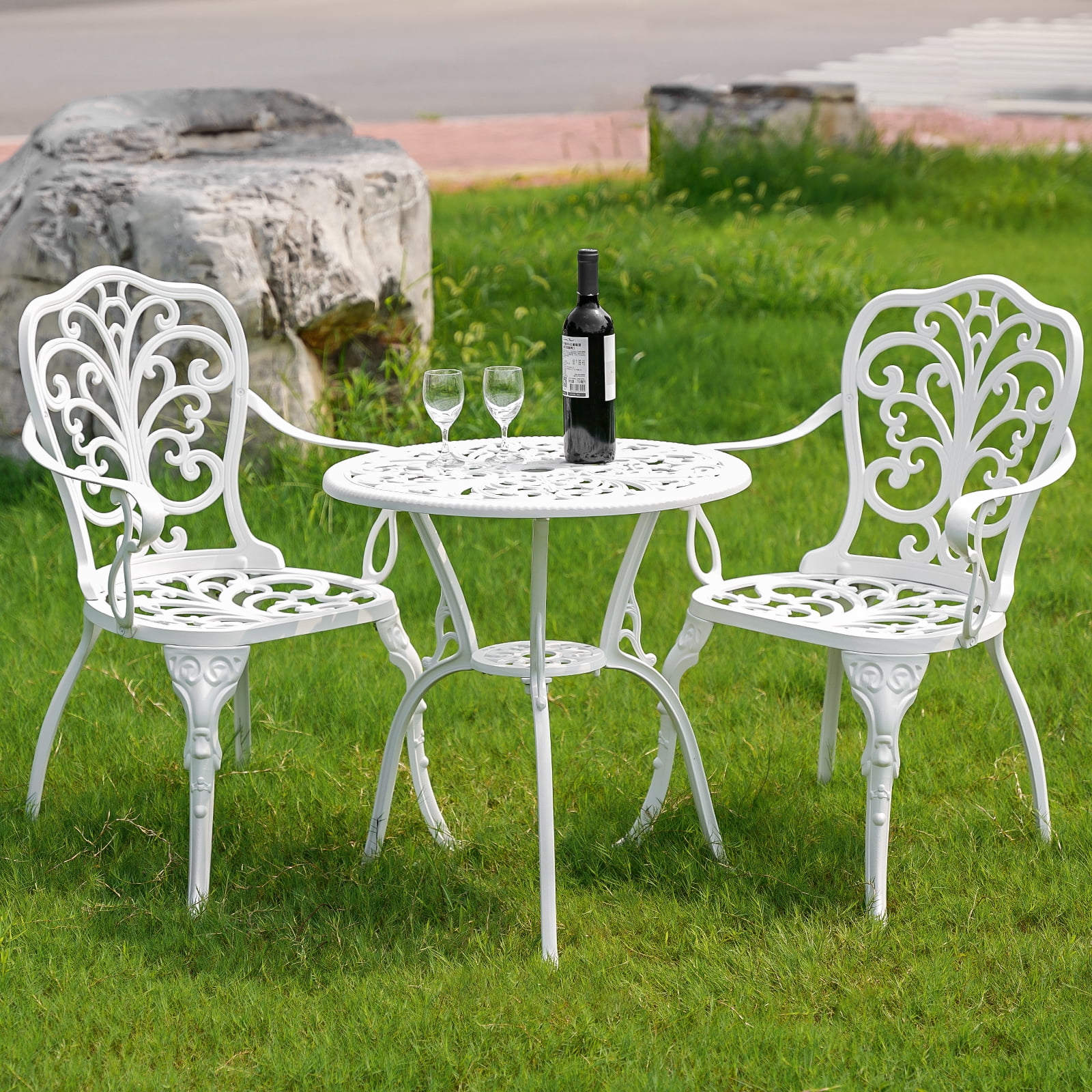 PATIOIN Bistro Set 3 Piece Outdoor Cast Aluminum Bistro Table and