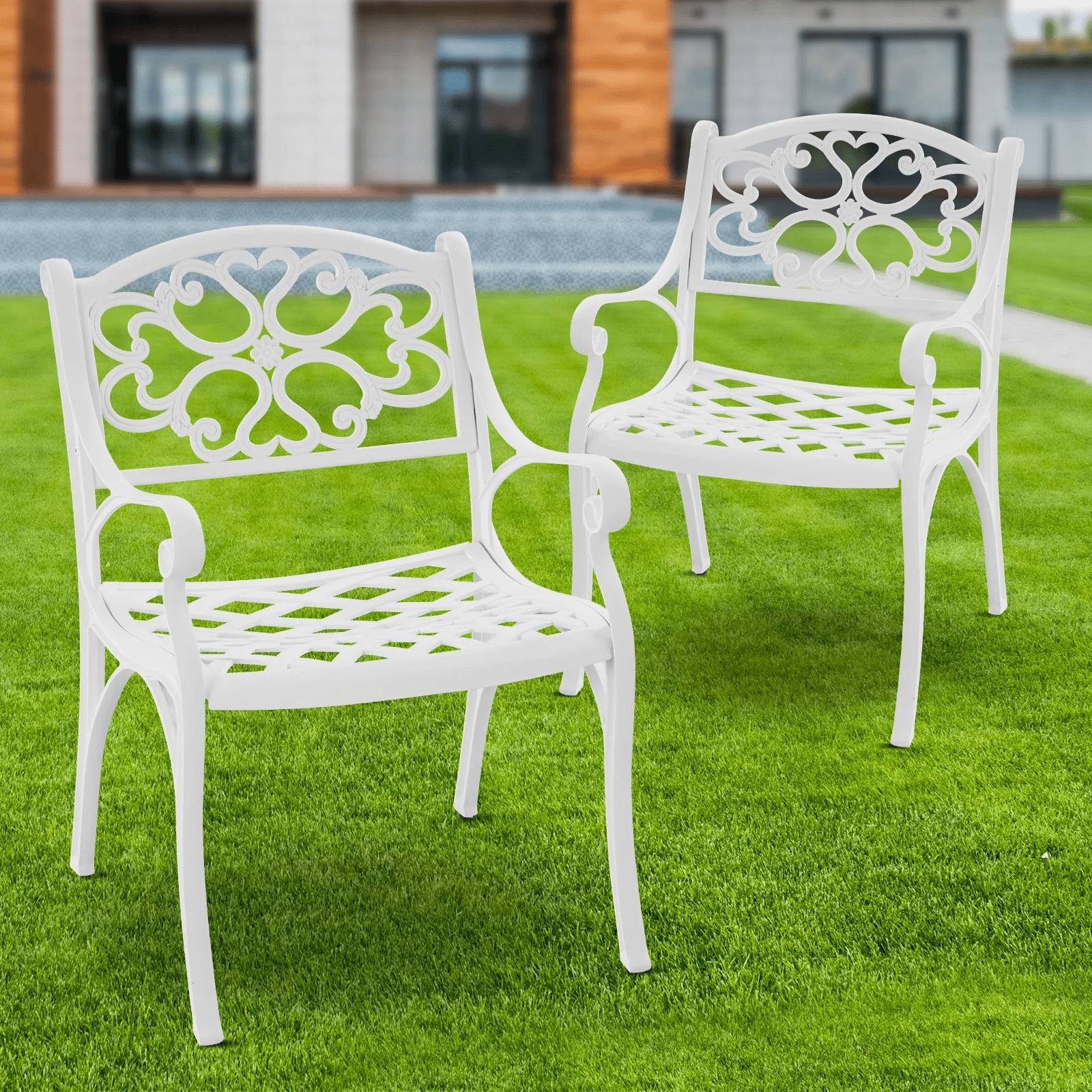 PATIO-IN Cast Aluminum Patio Chair Set of 2 with Armrests, White Metal Bistro Chairs, Outdoor Patio Dining Chairs for Garden, Porch, Poolside