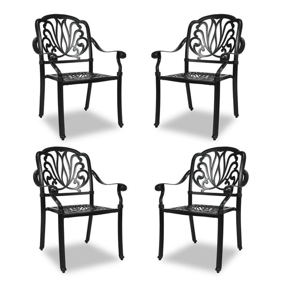 PATIO-IN Cast Aluminum Patio Chairs Set of 4,Metal Outdoor Chairs,Stackable Dining Chairs with Armrest for Garden, Backyard, Poolside,Balcony, Black (4 Pack)
