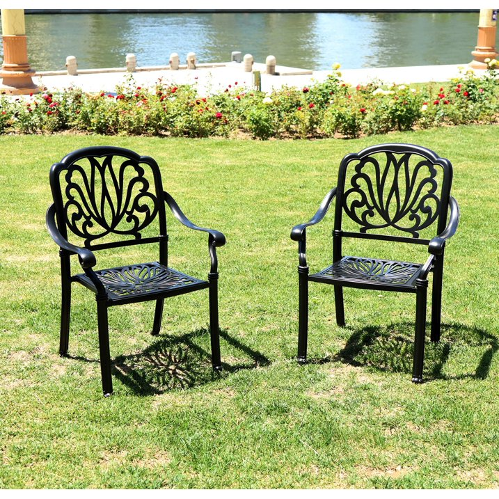 PATIO-IN Set of 2 Cast Aluminum Outdoor Dining Chairs, Stackable Arm Chairs, All-Weather Bistro Seats for Patio, Balcony, Garden, Black
