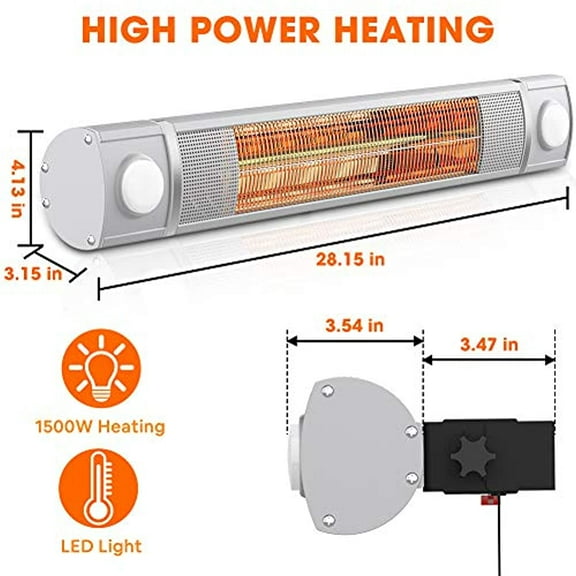 PATIOBOSS Patio Heater, Infrared Heater with LED Light and Remote Control, Electric Outdoor Heater for Silent Work,Instant Warm, Wall Mounted