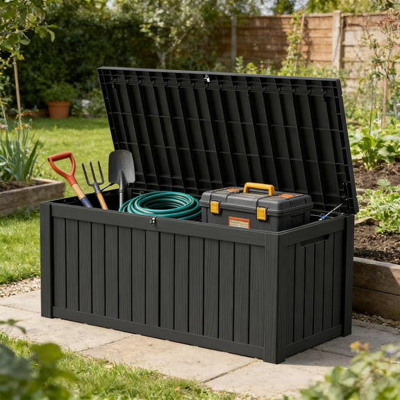 Decksplore 130 Gallon Wood Grain Deck Box, Lockable Weatherproof Resin Outdoor Storage Box with Seat, Black