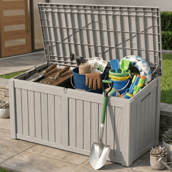 Decksplore 150 Gallon Outdoor Storage Box Waterproof Lockable Resin Deck Box, for Pool Accessories, Tools Storage, UV-Resistant Outside, Brown