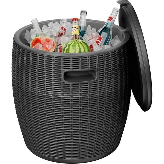 PATIOEASY 17 Inch Resin Insulated &Cooler Table,Outdoor Ice Bucket with Lid,Rattan Cooler Bar Table for Freezer,Parties,Poolside, Deck, BBQ-Black