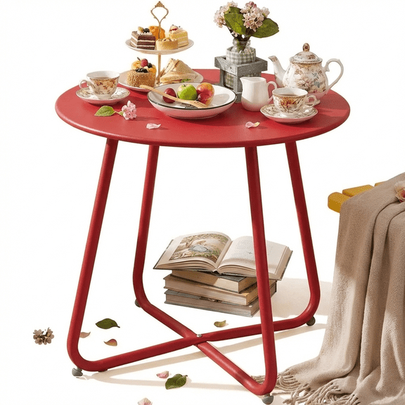 PATIOEASY 18‘ Outdoor Side Table, End Table with Adjustable Feet,Round End Tables for living room, Balcony Porch Deck Poolside,Yard-Red