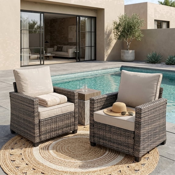Decksplore2 Piece Outdoor Patio Armchair Set, Wicker Rattan Single Sofa Chairs with 4.3" Cushions & High Backrests, All-Weather Porch Chairs for Balcony Deck, Beige