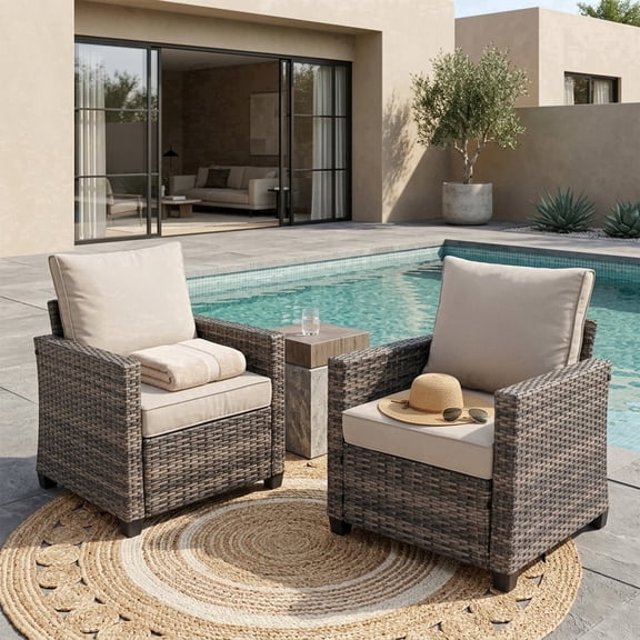 Decksplore2 Piece Outdoor Patio Armchair Set, Wicker Rattan Single Sofa Chairs with 4.3" Cushions & High Backrests, All-Weather Porch Chairs for Balcony Deck, Beige