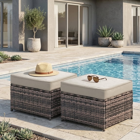 Decksplore2 Piece Patio Ottoman Set, All-Weather PE Rattan Foot Stools with 4.3" Thick Cushions, 23.6" x 21.7" Outdoor Footrest Seating Accessory for Backyard, Beige