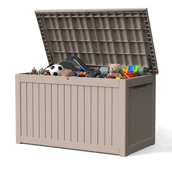 Decksplore 250 Gallon Extra Large Resin Deck Box, Soft Close Lockable UV-Resistant Outdoor Storage Box, Light Coffee