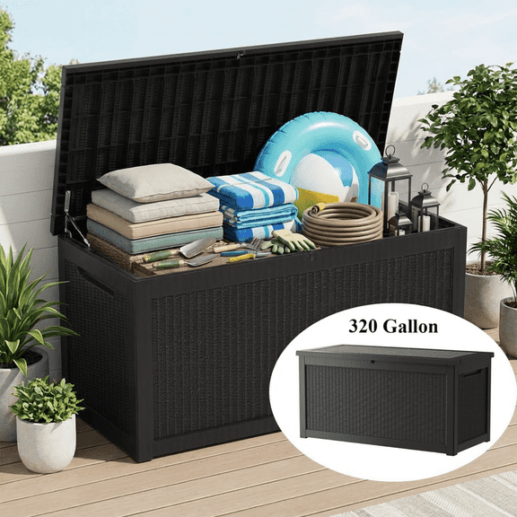 PATIOEASY 320 Gallon Deck Box, Resin Patio Storage Bench with Secure Latches, Waterproof Outdoor Toys Storage Box for Lawn Mowers, Sun Umbrellas-Black