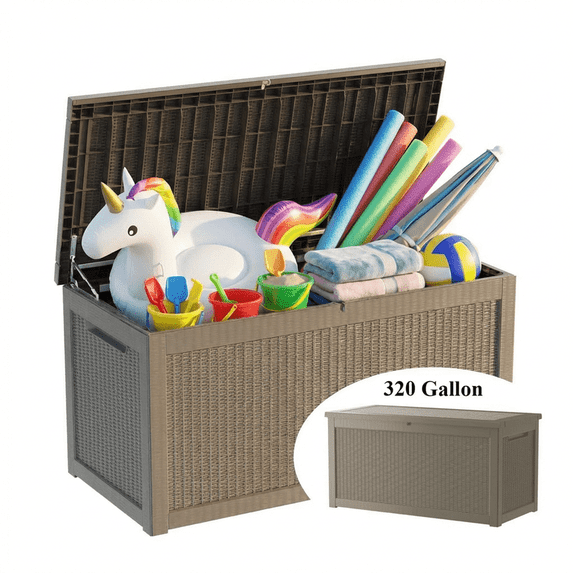 PATIOEASY 320 Gallon Deck Box, Resin Patio Storage Bench with Secure Latches, Waterproof Outdoor Toys Storage Box for Lawn Mowers, Sun Umbrellas-Coffee
