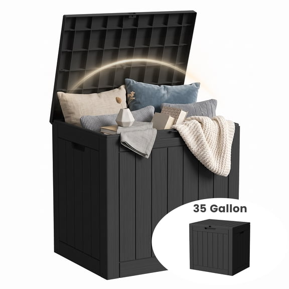 Decksplore Outdoor Storage Box, 35 Gallon Waterproof Deck Box and Side Table, Lockable Outdoor Storage Bin for Patio Cushions, Black