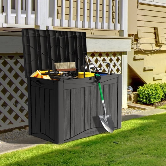 PATIOEASY 50 Gallon Lockable Resin Deck Box, Waterproof & UV-Resistant Toy Box ,Outside Storage Boxes for Furniture, Garden Tools and Tools Storage-Black