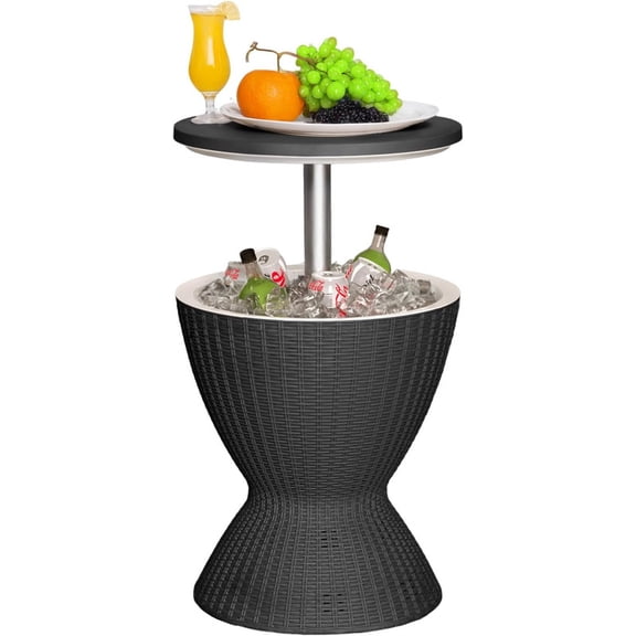 PATIOEASY 8-Gallon Adjustable-Height Cooler Bar Table – Outdoor Ice Bucket with Drain Plug, Waterproof and UV-resistant Rattan-Style Resin Patio Table for Parties,Poolside, Deck, BBQ-Black
