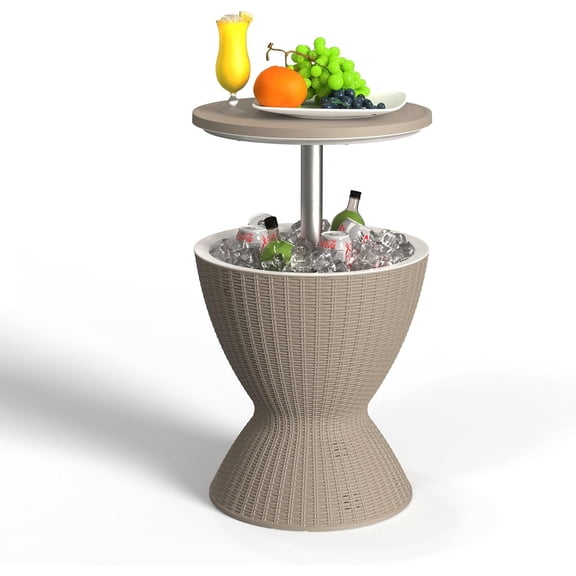 PATIOEASY 8 Gallon Adjustable Height Outdoor Ice Bucket – Outdoor Patio Cooler Bar Table with Drain Plug, Rattan-Style Resin Cool Bar for Poolside, Deck, BBQ & Parties -Black