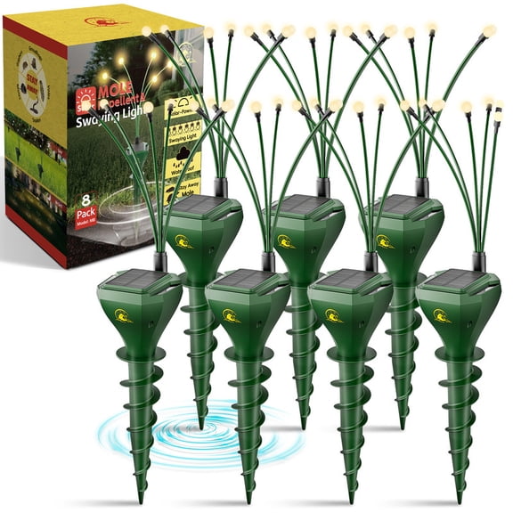 PATIOEASY 8 Pack Solar Mole Repellent with Swaying Lights, IP65 Waterproof Gopher Deterrent for Lawn Yard Garden
