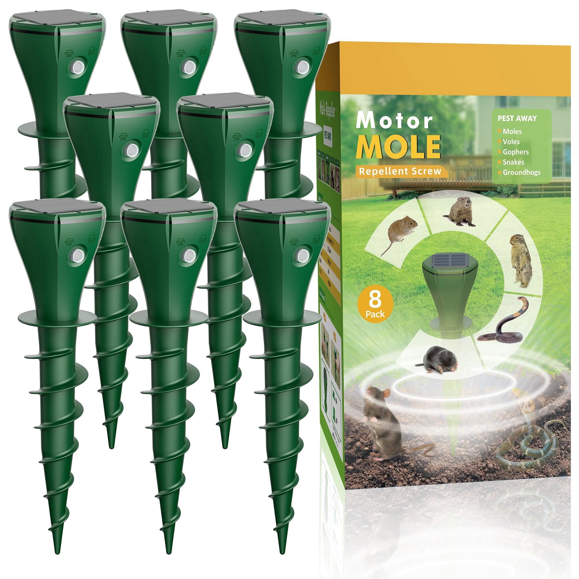 PATIOEASY 8 Pack Solar Powered Mole Trap with Screw-Shape Stakes, Mole Repellent, Ultrasonic Mouse Repellent, Safe and Effective Big Rats Controlfor Garden, Lawn, Yard, Farmland