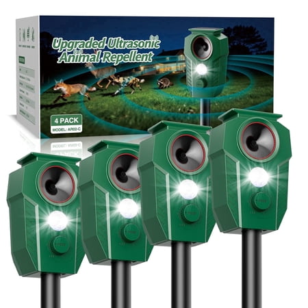 Decksplore Ultrasonic Animal Repeller 4-Pack, Solar Powered Motion Sensor, IP65 Waterproof with 5 Modes for Yard, Garden, Repel Deer Raccoons Rabbits Cats