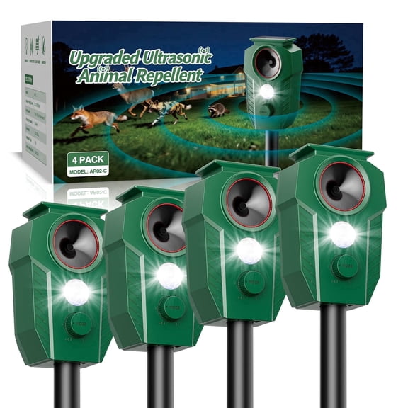 Decksplore Ultrasonic Animal Repeller 4-Pack, Solar Powered Motion Sensor, IP65 Waterproof with 5 Modes for Yard, Garden, Repel Deer Raccoons Rabbits Cats