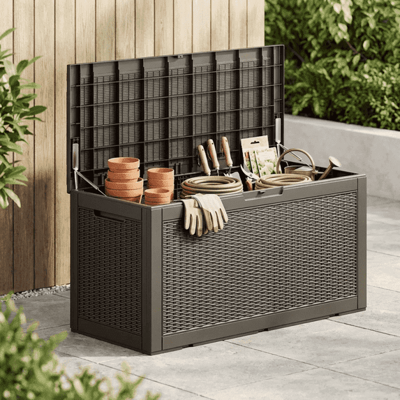 Decksplore 120 Gal Rattan Resin Deck Box, Outdoor Patio Storage with Lockable Lid, Light Brown
