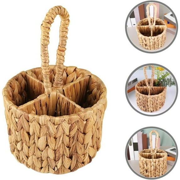 PATLOLLAV 1 Pcs Handheld Woven Srotage Basket with 4 Divided Sections Portable Round Storage Basket Gift Basket Decoration Fruit Basket Picnic Basket Flower Basket Daily Necessities