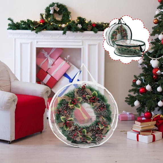 PATLOLLAV 1 Pcs Round Clear Storage Bag, 24" Transparent Wreath Storage Container Garland Wreath Storage Holder Waterproof PVC Storage Bag with Handles for Christmas, Easter, Halloween, Holiday