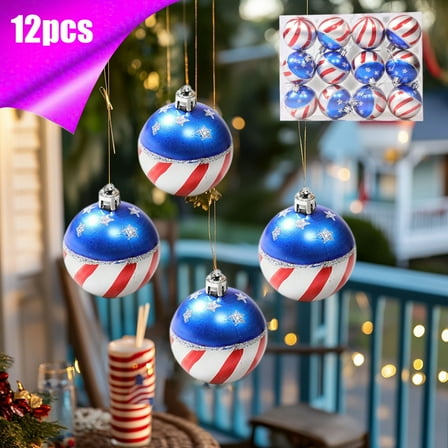 PATLOLLAV 12 Pcs Hand Painted Patriotic Hanging Hanging Ornaments, Red/White/Blue Sequin Hanging Balls for Independence Day/Christmas Tree Decorations