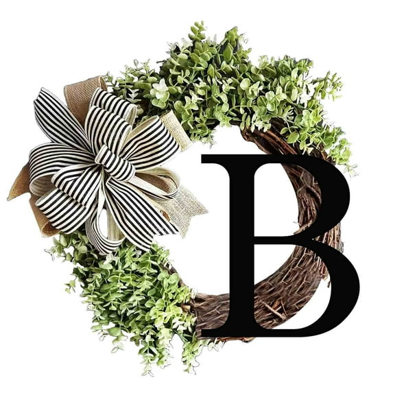 PATLOLLAV 15inch Last Name Year Round Front Door Wreath with Bow Welcome Rattan Signs Garland Personalized Creative 27 Letter Farmhouse Wreath for Home Front Door