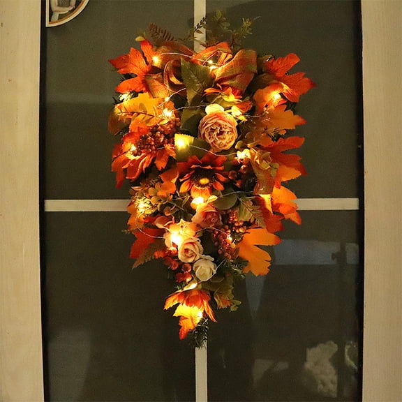 PATLOLLAV 19.7Inch Artificial Fall Harvest Teardrop Swag Wreath for Front Door, Thanksgiving Teardrop Wreath with Maple Leaves Berry Fall Floral Swag Wreath for Home Wall(Warm Light)